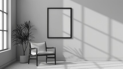 Square picture frame mockup on wall: Interior design artwork template