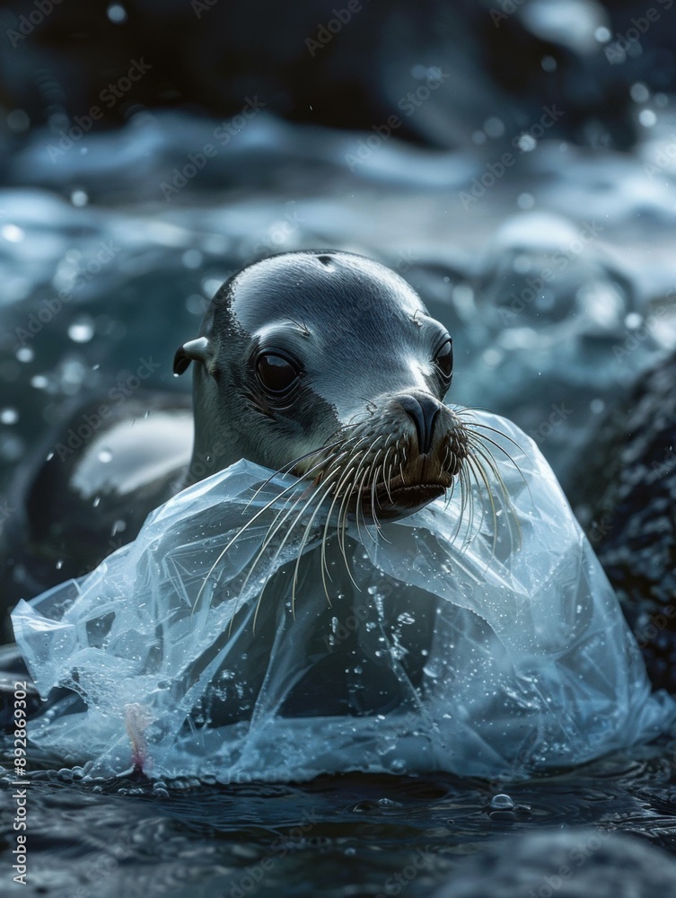 Sticker a seal entangled in plastic waste. ai.