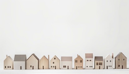 A row of small, minimalist wooden house models on a white background.