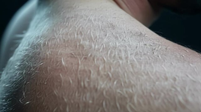 A shot of a persons neck and shoulders reveals goosebumps rising on their skin as they whisper soing to themselves sending shivers down their spine.