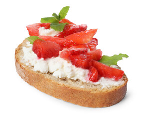 Delicious bruschetta with fresh ricotta (cream cheese), strawberry and mint isolated on white