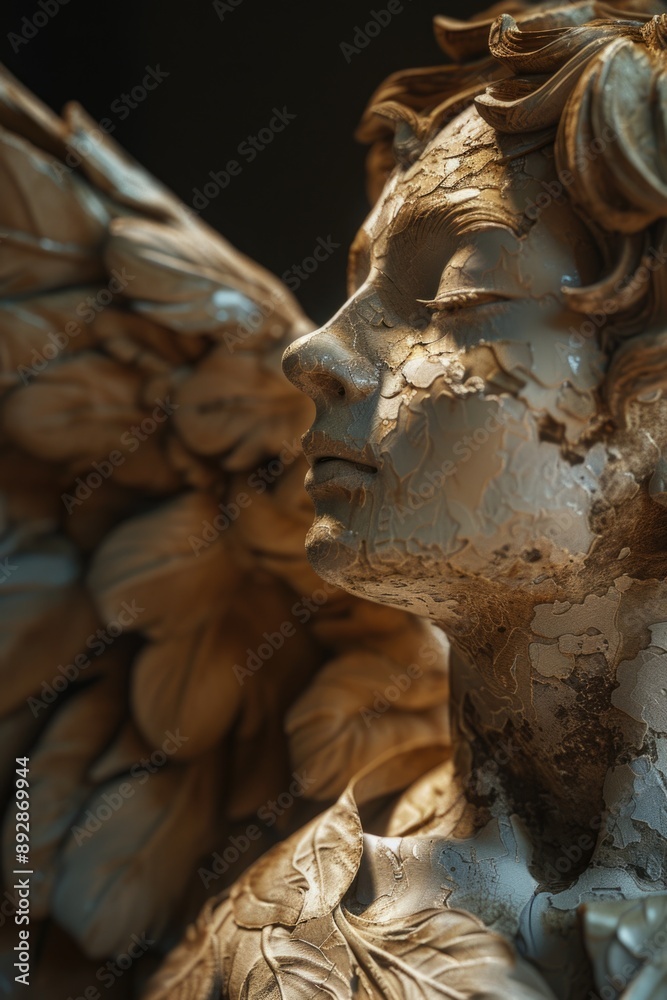Poster a close-up of a beautiful statue of an angel, suitable for use in various contexts including art, de