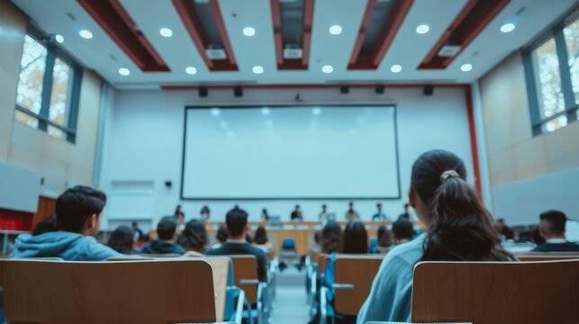 Business conference or lecture in modern auditorium with attendees facing large projection screen and speaker panel