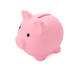One pink piggy bank isolated on white