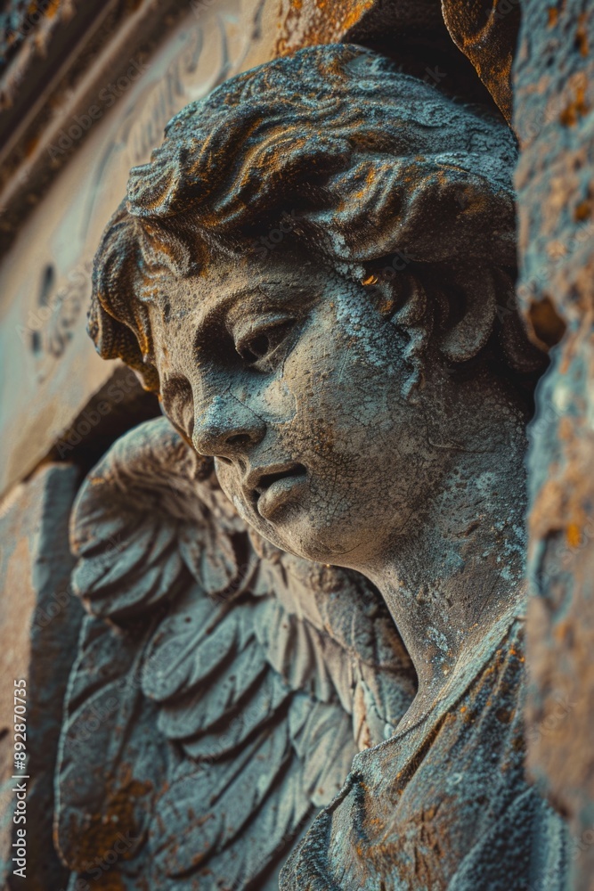 Poster A detailed view of a statue depicting an angel, suitable for use in illustrations, designs or as a decorative image