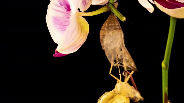 Prepona butterfly birth on black background, time lapse, concepts Metamorphosis and transformation, Life cycle and rebirth, science and education, importance of conservation of biodiversity and