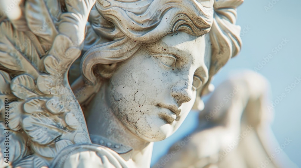 Poster A detailed view of an angel statue's face and wings, suitable for use in religious or inspirational contexts