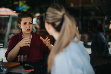 Two young business associates engage in a serious discussion while seated outdoors at a cafe, with drinks on the table.