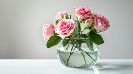 Fototapeta premium Floral arrangement with pink roses in a glass vase