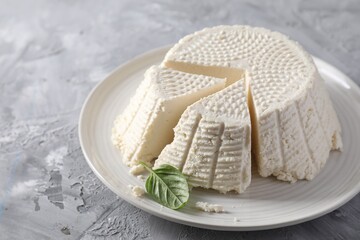 Tasty ricotta (cream cheese) on grey textured table