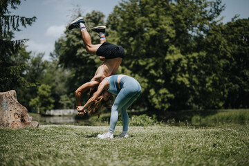 Athletic couple demonstrating synchronized back flips in a park. Both exhibit strength and...