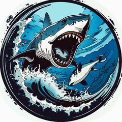 A vector logo featuring a shark with open jaws about to swallow a small fish, symbolizing power, menace, violence, and the strong prevailing over the weak.