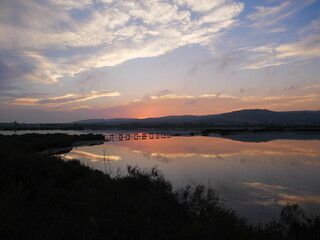 Sunset on a pond in Frontignan, southern France