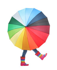 Little girl with colorful umbrella on white background