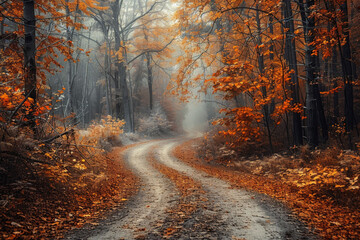 Winding Forest Path in Autumn Fog
