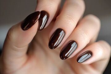 elegant almond shaped manicure with chocolate brown polish and crescent detail