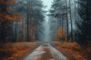 Obraz premium Forest Road in Autumn Fog