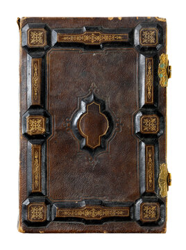 Vintage, old, leather bound hard-cover book top cover. Antique Photo Album Book.  Isolated on white background.