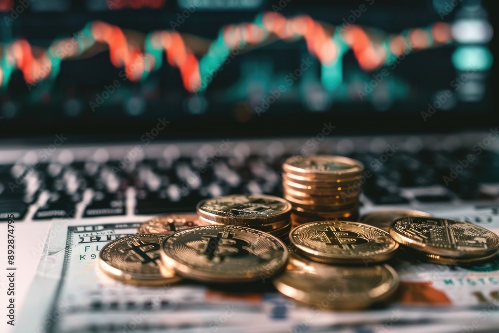 Poster a stack of coins resting on top of a pile of money, often used as a symbol for financial success or 