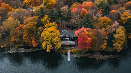 Obraz premium Secluded autumn lake house. Lake house aerial