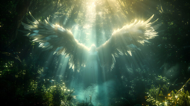 Mystical, mighty angel in a mysterious forest landscape, surrounded by plants and water. Rays of light shine through from above, ethereal atmosphere. Dramatic mythology background, poster, wallpaper.
