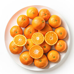 A plate of oranges with some of them cut in half.