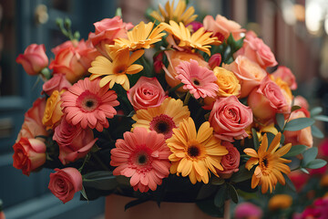 Obraz premium A delivery service bringing fresh, vibrant flowers to customers' doorsteps, ensuring smiles and brightening homes