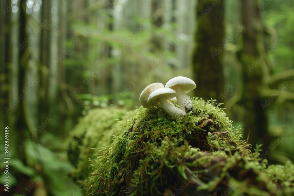 Poster A pair of mushrooms growing on a moss-covered log