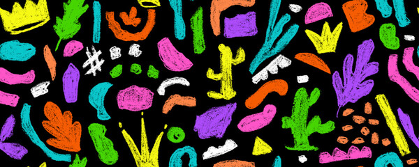 Seamless pattern with colorful various geometric trendy shapes. Bold brush drawn geometric figures and objects ornament. Arrow, circles, crown,  swirls, asterisk and curved bold lines. 