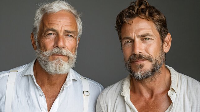 Two bearded men with gray and brown hair dressed in white shirts stand side by side, showing camaraderie and mutual respect, creating a sense of warmth and lifelong friendship.