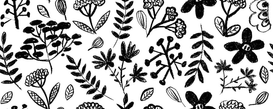 Vector seamless pattern with different  flowers . Hand drawn botanical ink illustration with floral motif. Camomile, peone or daisy painted by brush. Hand drawn black print for fabric, wrapping paper,