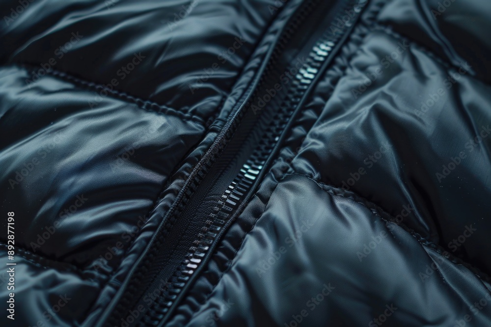 Poster a detailed view of a jacket with a functional zipper, suitable for fashion and textile use