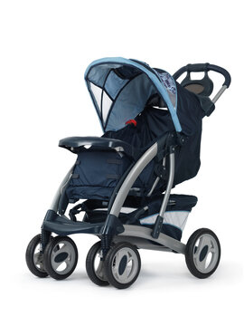 New blue baby stroller, baby carriage, isolated on white background