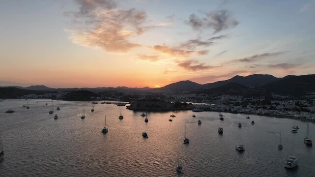 Bodrum Castle and City Streets in the Summer Season Drone Video, Bodrum Mugla, Turkiye (Turkey)

