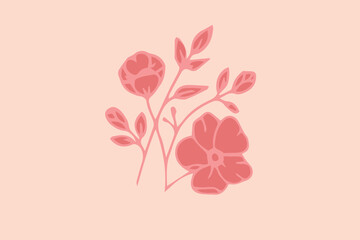 An illustration of pink flowers with green stems and leaves on an orange background