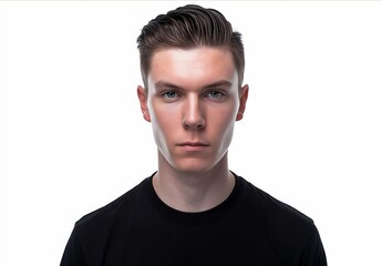 Obraz premium A young man with a black shirt and white background.
