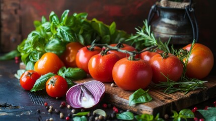 Fresh Tomatoes and Herbs on Wooden Board