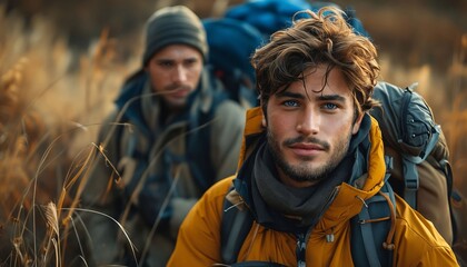 Fototapeta premium Two men with backpacks in the field.