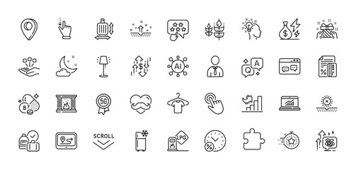No sun, Online statistics and Scroll down line icons pack. AI, Question and Answer, Map pin icons. Puzzle, Timer, Gift web icon. Consolidation, Refrigerator, Stress grows pictogram. Vector