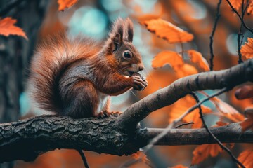 Fototapeta premium Squirrel Acorn. Redhead Squirrel Eating Acorn on Tree Branch in Autumn Park Wildlife