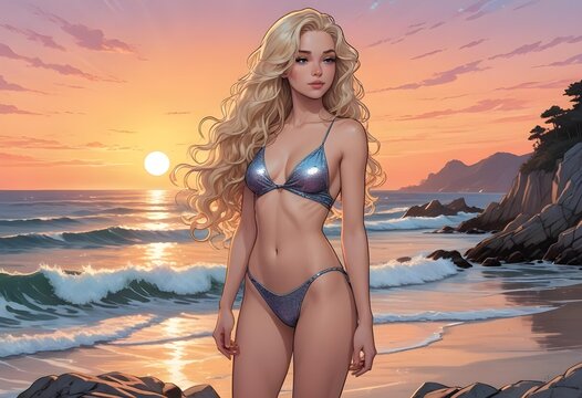 A woman with light skin and long, wavy blonde hair, wearing a v-string swimsuite on holiday by the ocean, on the sand and rocks by sunset, Her skin is adorned with glitter, wear a small bikini