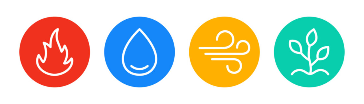 Four element icon set. 4 elements of nature power. Fire, water, earth and air. Vector