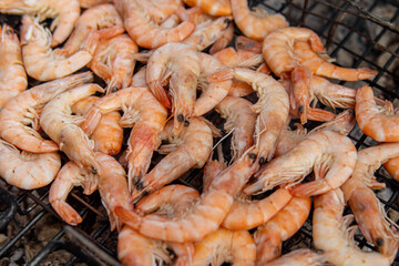 Grilled shrimp on grill. Shrimp on coals closeup