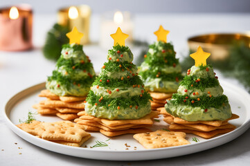 Festive holiday appetizer  Christmas Tree cracker stacks with creamy green avocado spread, chopped herbs, and  seeds, topped with yellow star on a white plate. 