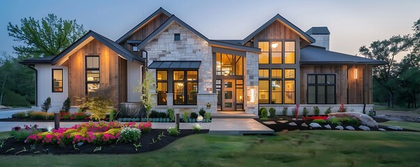 Elegant modern farmhouse luxury home exterior at twilight, showcasing a blend of wood and stone elements, tall windows, and a spacious front 