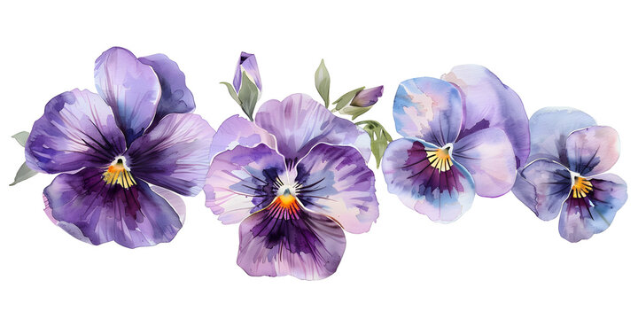 Viola, pansies crest, wreath flowers, clipart set, illustration in watercolor style isolated on transparent background for wedding invitation, postcard design, scrapbooking. PNG, cutout.