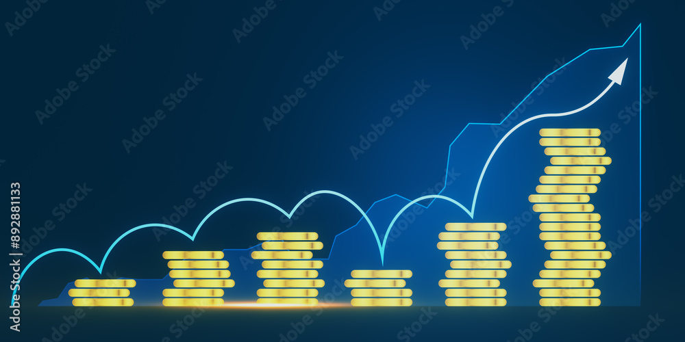 Poster creative business chart and growing stacked coins on blurry background with mock up place. financial