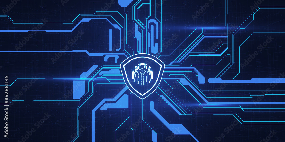 Poster Creative glowing digital shield with fingerprint on dark circuit background. Digital safety, secure and protection concept. 3D Rendering.