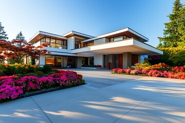 Elegant modern home with large driveway and vibrant flower gardens in the afternoon light. Stunning, crisp, vivid, detailed, high