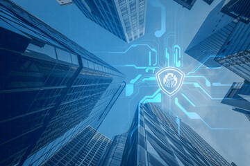 Creative glowing digital shield with fingerprint on blurry circuit city backdrop. Digital safety,...